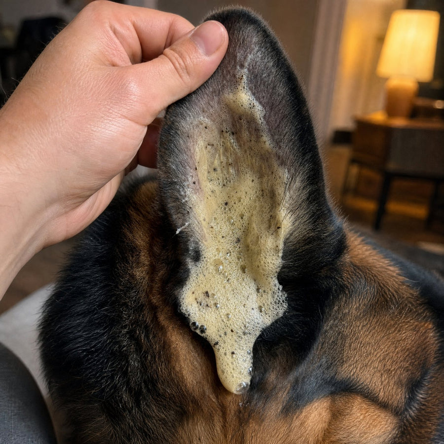 La mousse fait remonter les saletés hors de l'oreille du chien