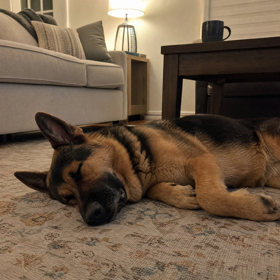 Un chien qui dort profondément sur le tapis