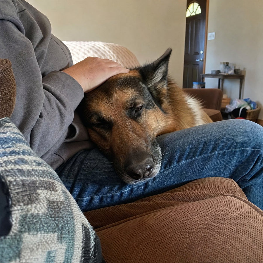 Un chien qui pose sa tête sur les genoux de son maître